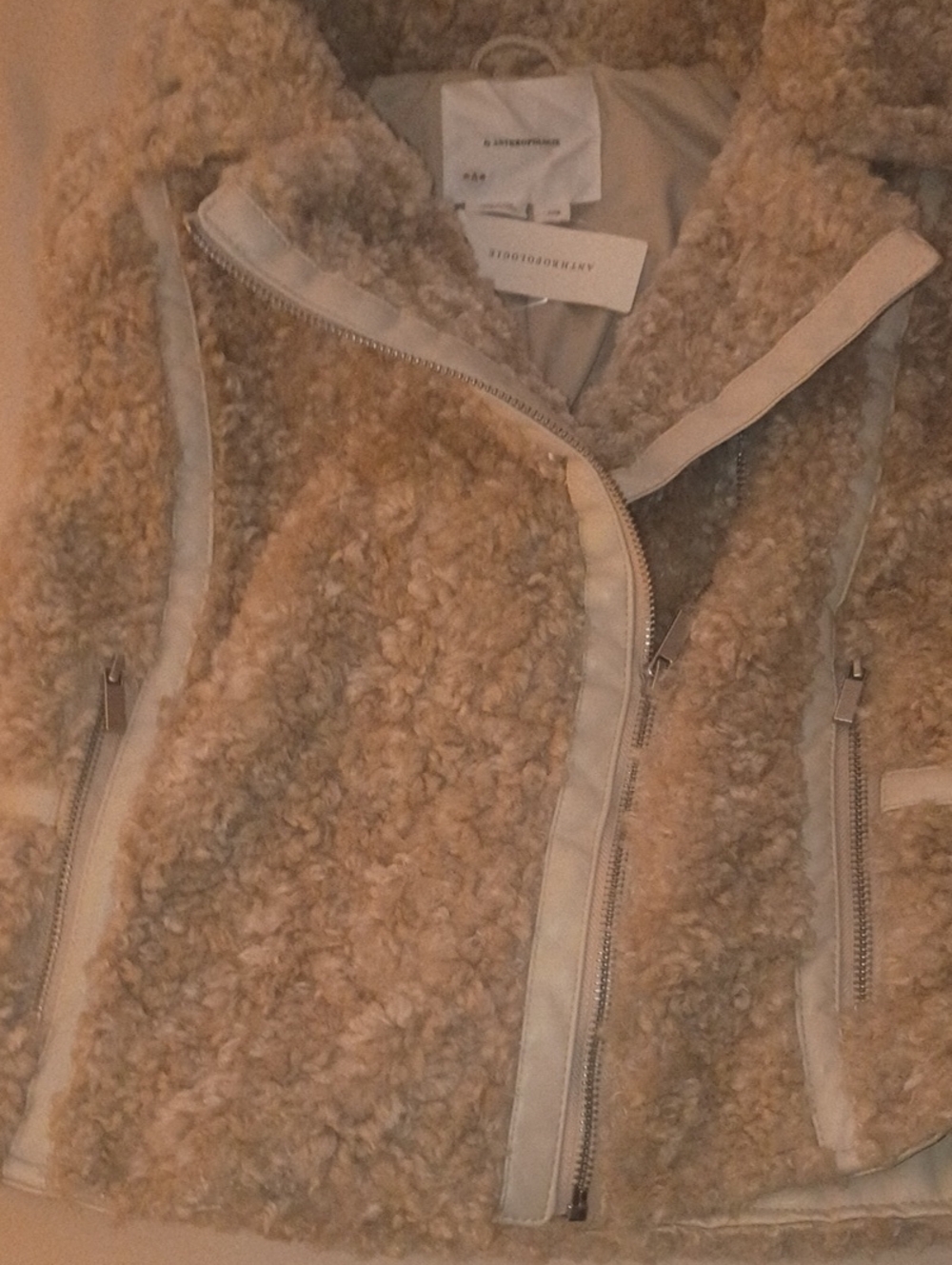 NWT By Anthropologie Cream Faux Fur Sherpa Moto Vest Cozy Chic - Size XXS